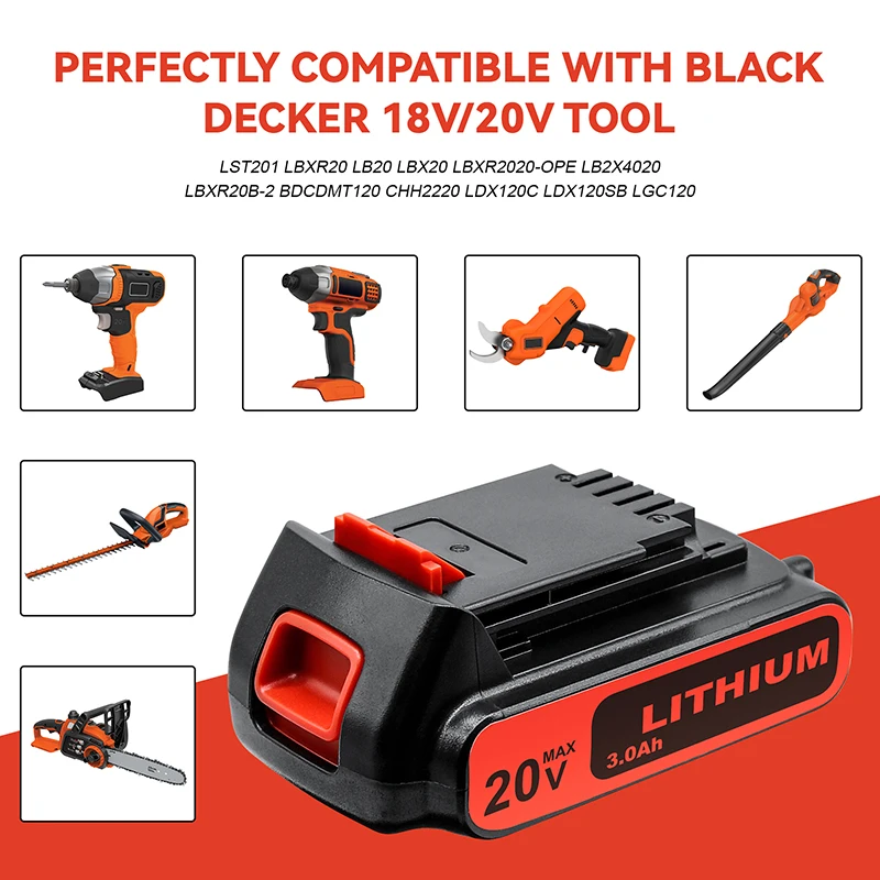 For BLACK & DECKER 20V 3000mAh Rechargeable Lithium Battery for LB20 LBX20 LBXR20 LBXR2020 LB2X4020-OPE Power Tools and Charger