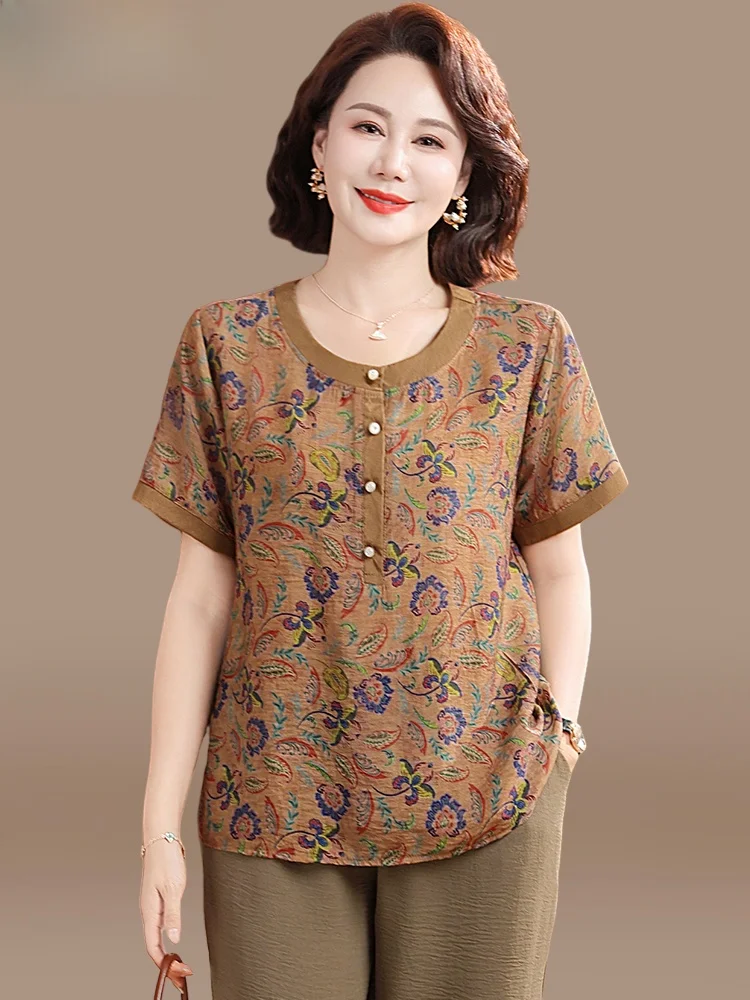 

Summer Faion Cotton Linen Casual ort Sve Women's Clothing Set plus Size round Ne Patch ket Nine Points Pants