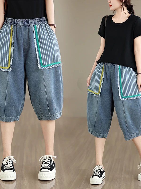 Authentic Casual Stripe Denim Women's Elastic Waist Seven-Foot-Pant Ladies Fashion Mix-and-Match Versatile Loose Fit Cotton