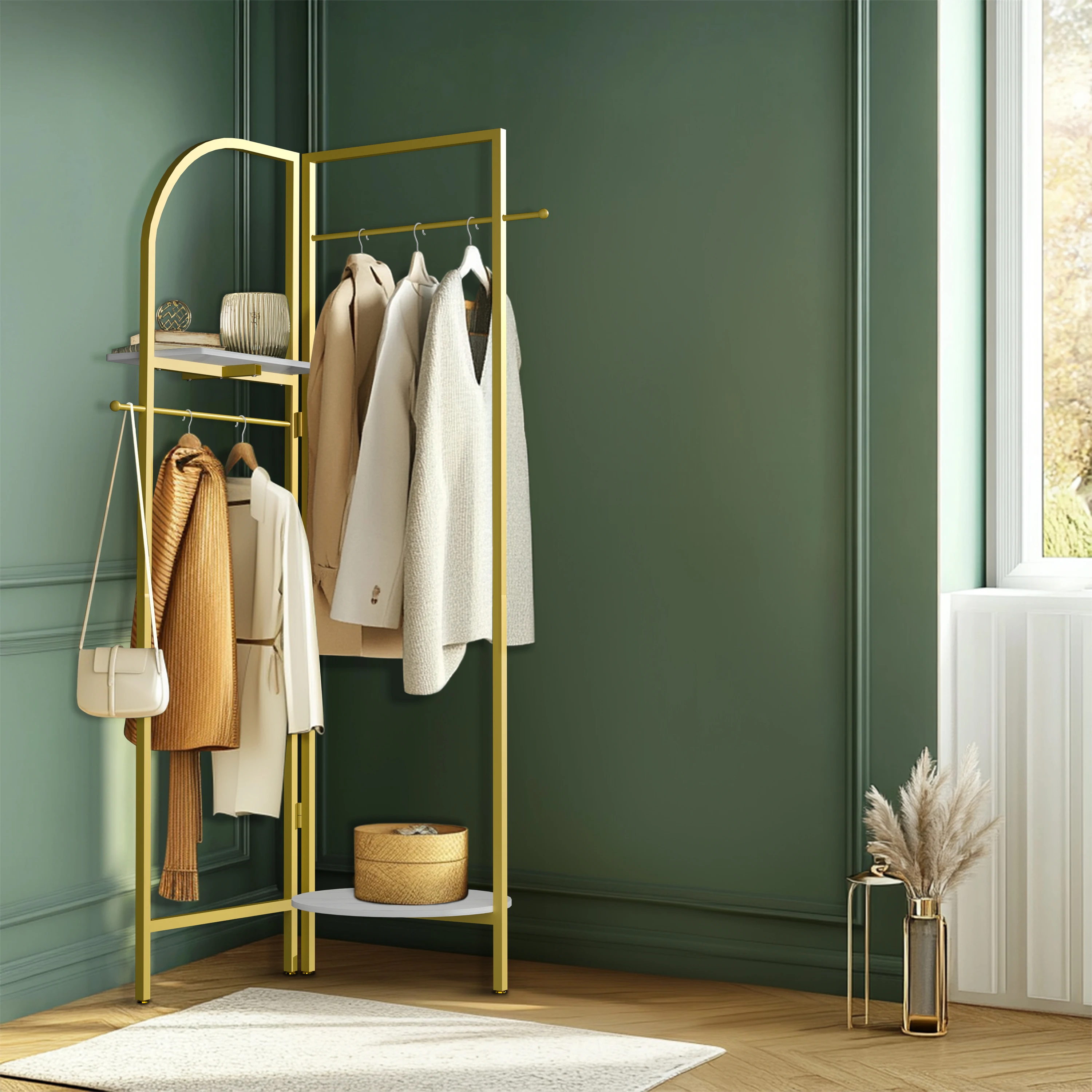 Adjustable Angle Gold Metal Coat Rack with Shelves and Hanging Rod Corner Clothes Stand for Home Clothes Organization