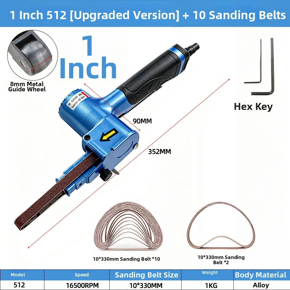 1 Inch Pneumatic Belt Sander 16500 RPM Air Polisher For Metal Wood Rust Removal Weld Finishing Industrial Grinding Tool