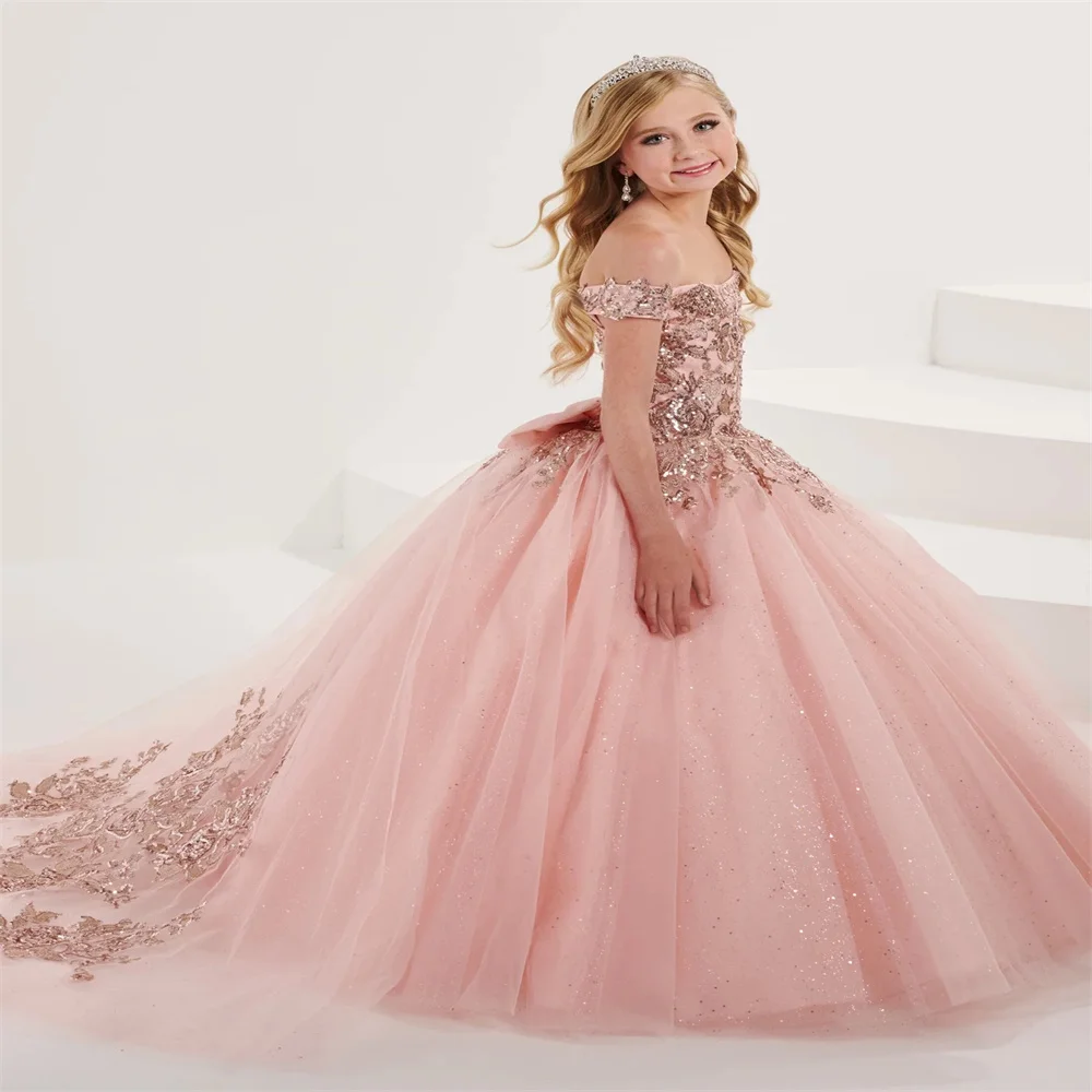 Abiti da ragazza di fiori blu per matrimonio pizzo Tulle paillettes Applique colletto piatto eleganti bambini prima comunione abiti da ballo