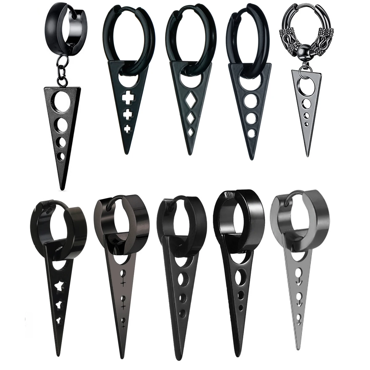 2PCS Men Punk Triangle Dangle Earrings Women Gothic Stainless Steel Triangle Ear Stud Earrings Piercing Huggie Pendant Jewelry