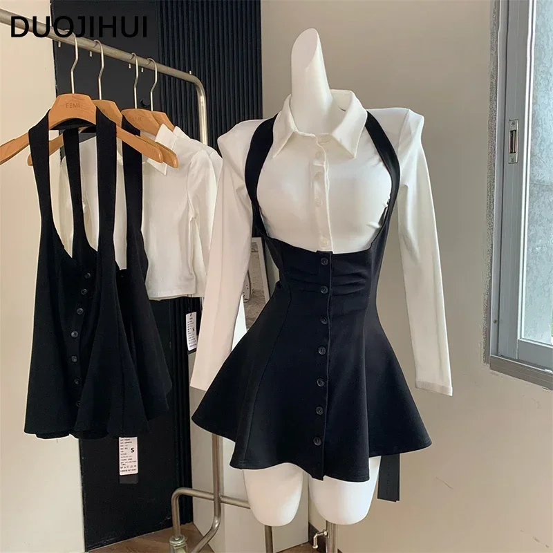 

DUOJIHUI Two Piece New Sexy Chic Halter Female Dresses Basic Polo Neck Fashion Button Shirt Slim Simple A-line XS-L Women Dress