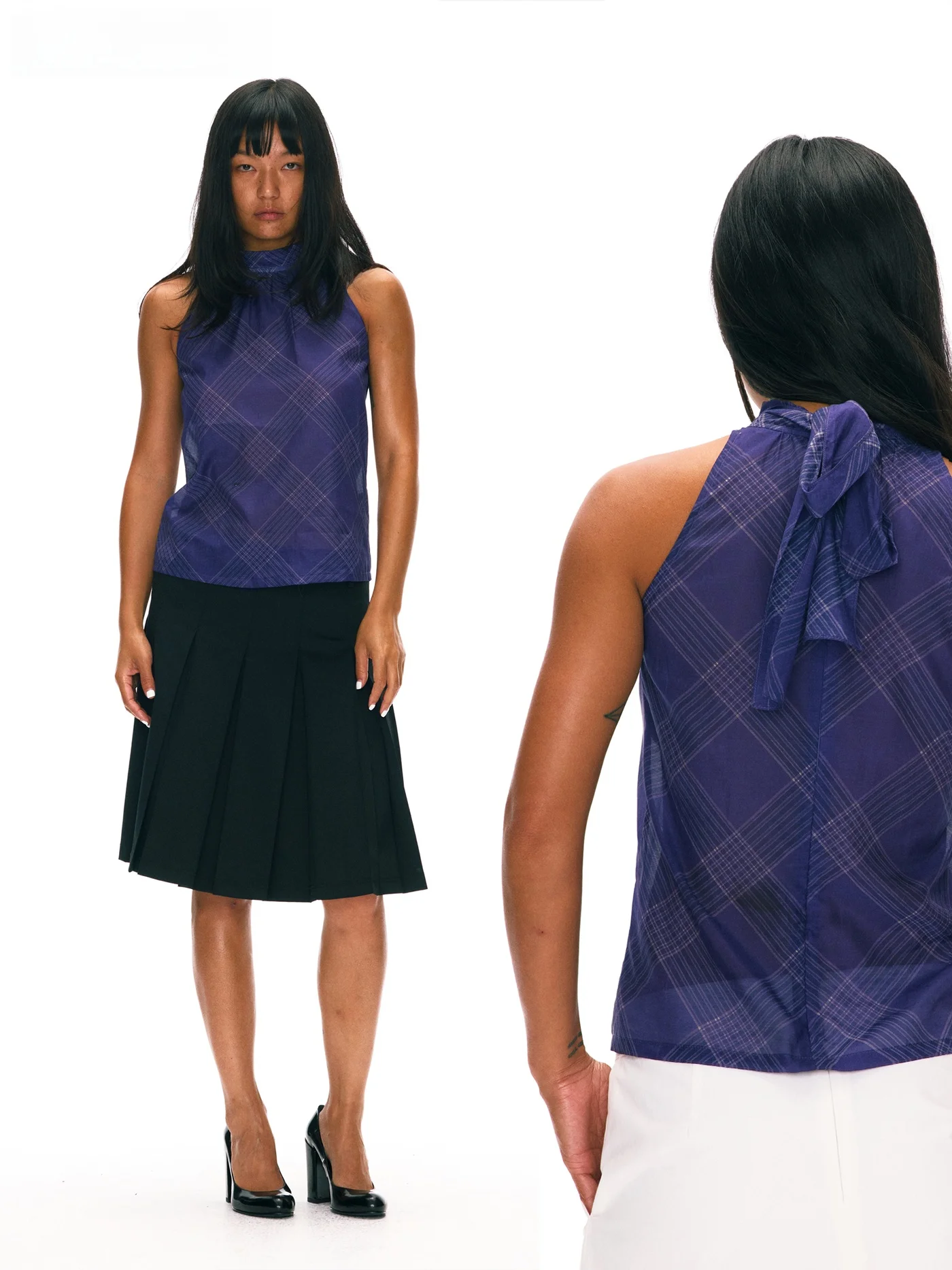 

Синий Фиолетовый Клетчатый Воротник-стойка с рюшами Svel irt Повседневный свободный крой из шелковой смеси хлопка Дышащий летний женский irt