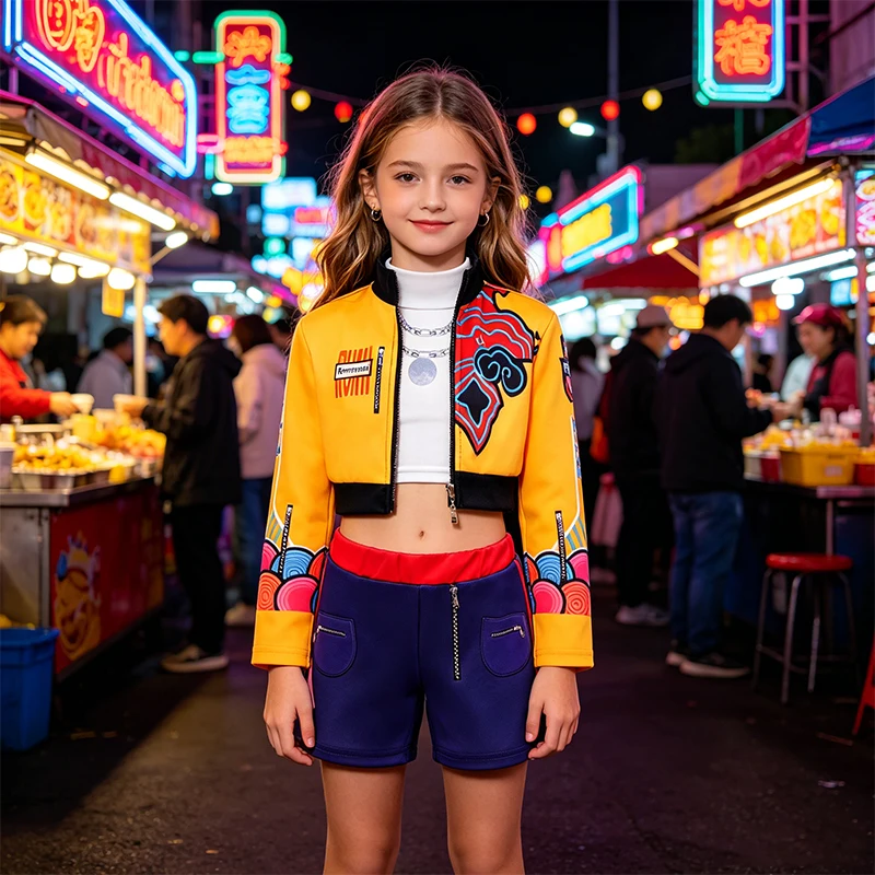 Mädchen-Cosplay-Kostüm-Set im Street-Style mit Graffiti-Print, kurze Jacke, Shorts für Halloween, Geburtstagsfeier, Rollenspiel – Detail 8