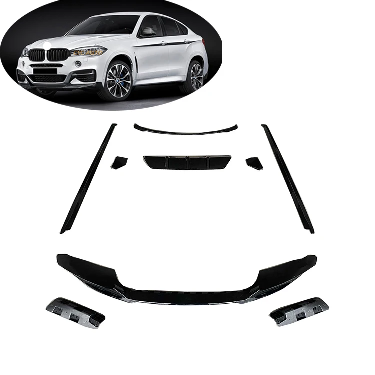 Venda quente preto brilhante para bmw x6 f16 aero kit frente lábio saia lateral difusor de cyc auto