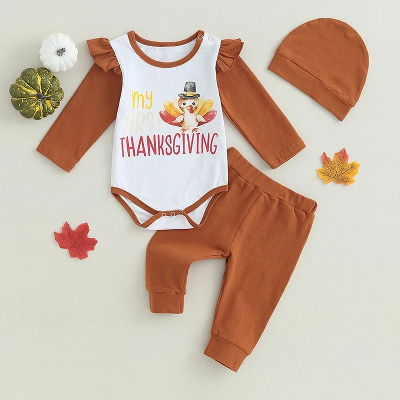 

Thanksgiving Baby Costume Adorable Turkey Print Romper with Matching Pants and Hat for Infants Long Sleeve Outfit