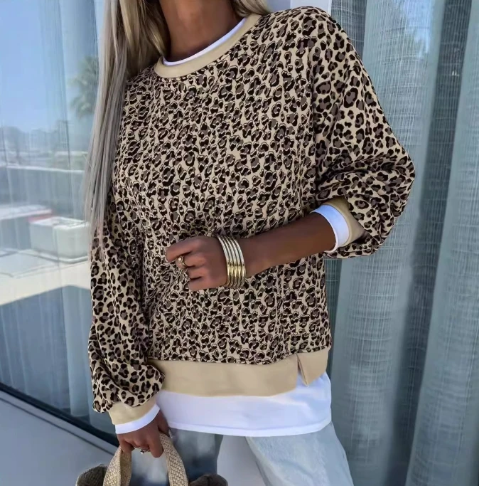 

Selling Pullovers In 2025 Leopard Print Sport Color Blocked Round Neck Long Sleeves In Stock for Women