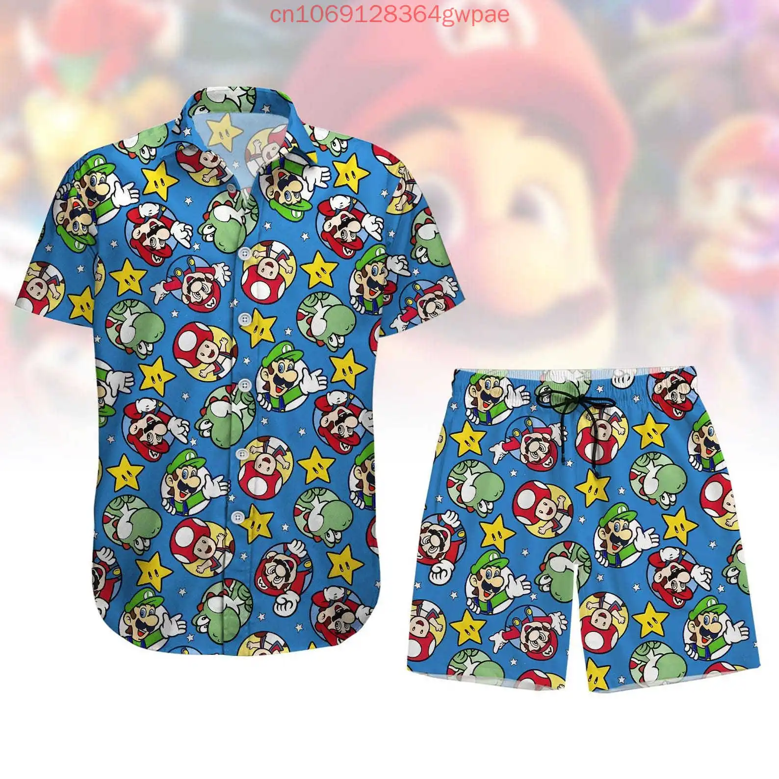 Super Mario Hawaiian Shirt Shorts Set Summer Men's Women's Casual Vacation Short Sleeve Beach Shirt and Shorts Two-Piece Set