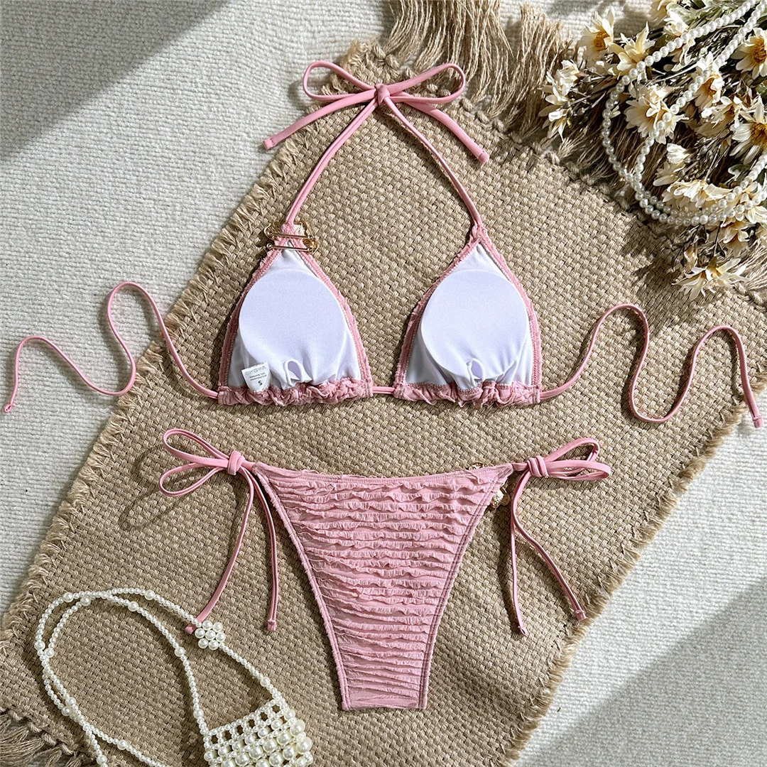 Zweiteiliges Bikini-Set mit Metallblumen-Design, Neckholder-Bikini, Damen-Badeanzug, Damen-Bademode, geraffter, gepolsterter Badeanzug, Badebekleidung, Modell V7478. – Detail 21