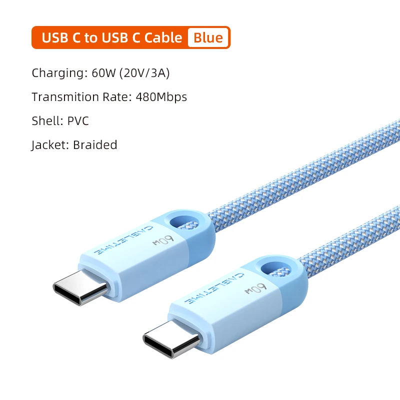CABLETIME USB-C-auf-USB-C-Kabel, 60 W, 480 Mbit/s, Schnellladekabel, 3 A, geflochtenes Typ-C-auf-Typ-C-Kabel für Mobiltelefon, Laptop, Huawei