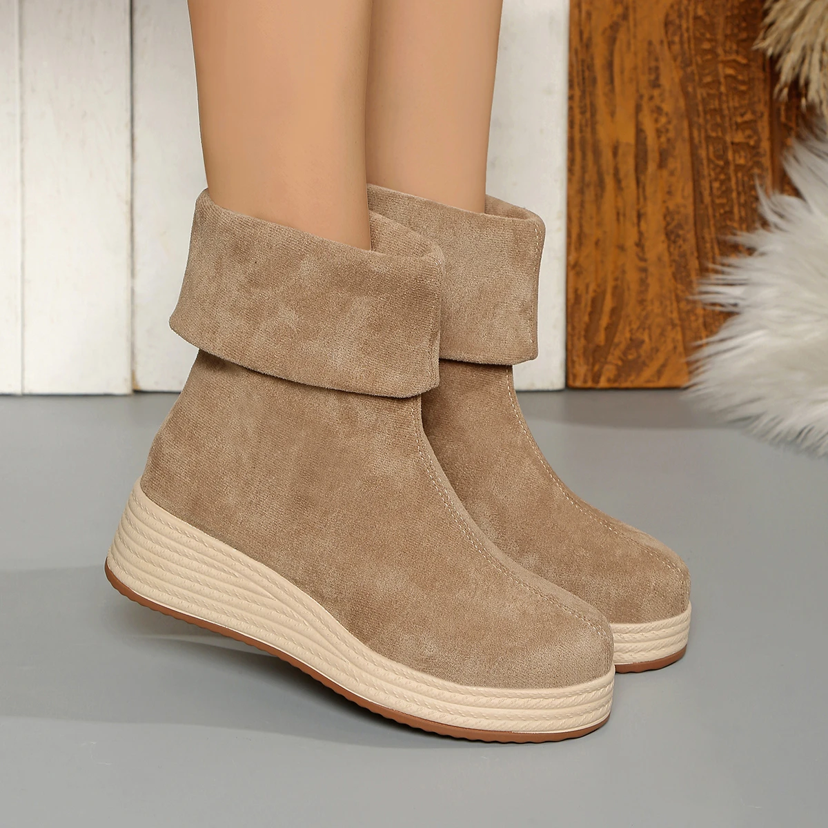 

Autumn Winter Flannel Warm Mid-calf Boots Women's Two Ways Wear Slip-on Booties Fashion Platform Wedges Heel Boots Female Shoes