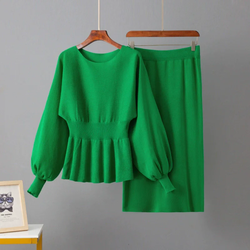 Primavera outono elegante malha 2 peça define feminino o pescoço sólido fino camisola pulôver topos conjuntos elástico saias de cintura alta outfit