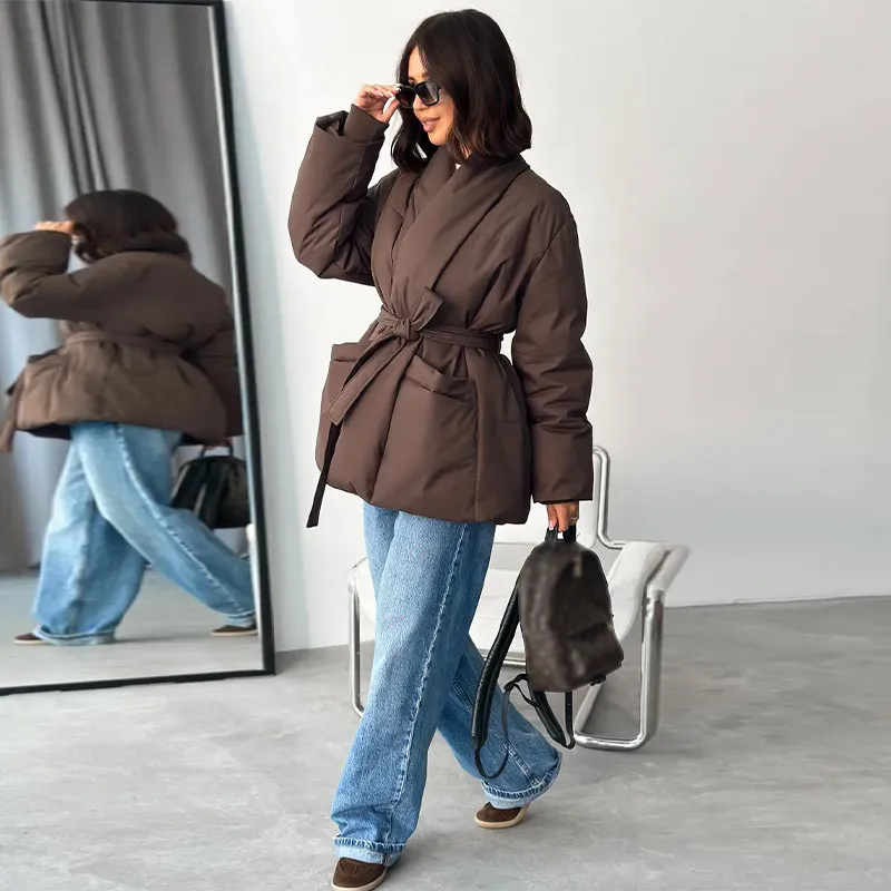 Damen Gefütterte Jacken V-Ausschnitt Langarm Schnürung Übergroße Mäntel Herbst Winter Damen Mantel mit Taschen Einfarbig Locker Geschnitten Schicke Neue Oberbekleidung – Detail 13