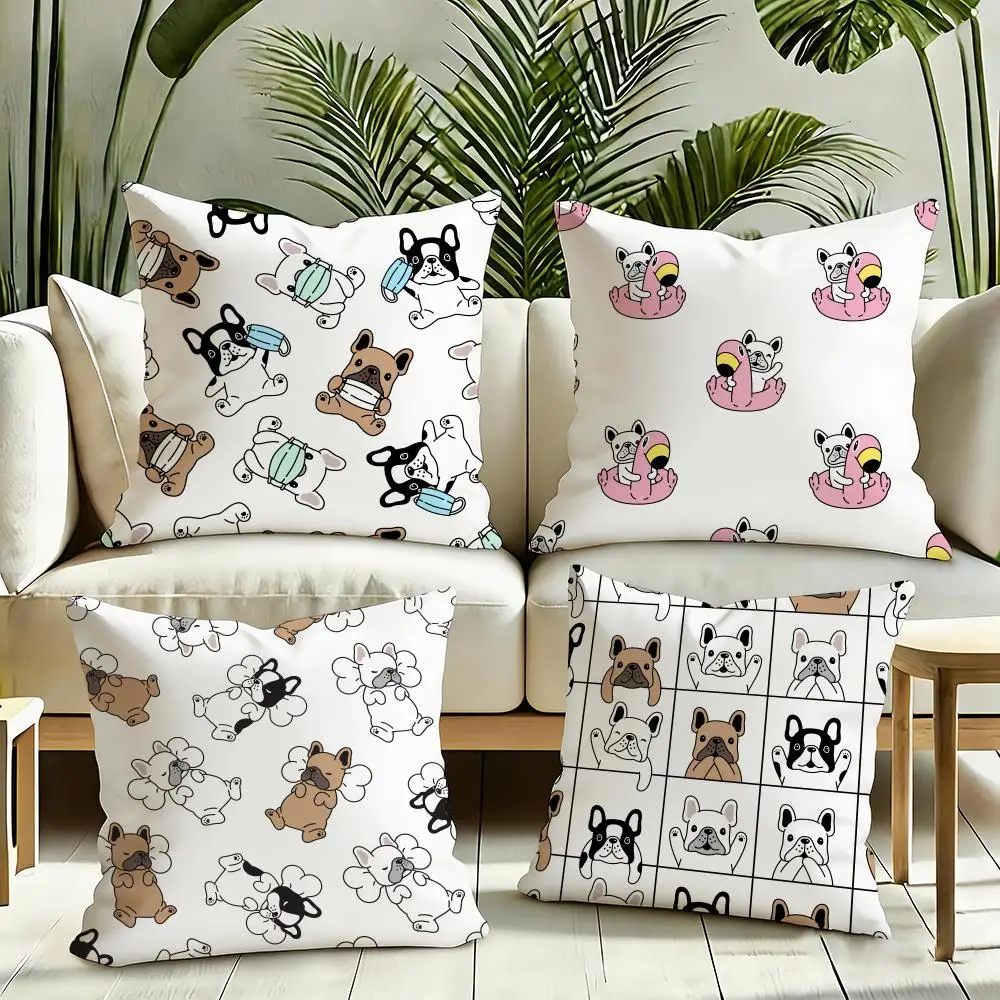 Cartoon French Bulldog Pattern Cushion Cover Reversible Plush Pillow Cover Soft Fluffy  Home Decor for Sofa Bedroom