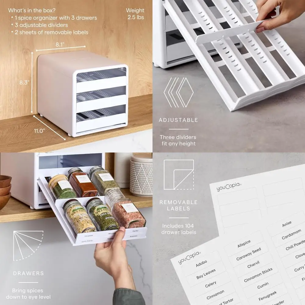 

Adjustable 18-Bottle Spice Rack Organizer with Pull-Down Feature and 104 Labels for Kitchen Cabinet Storage