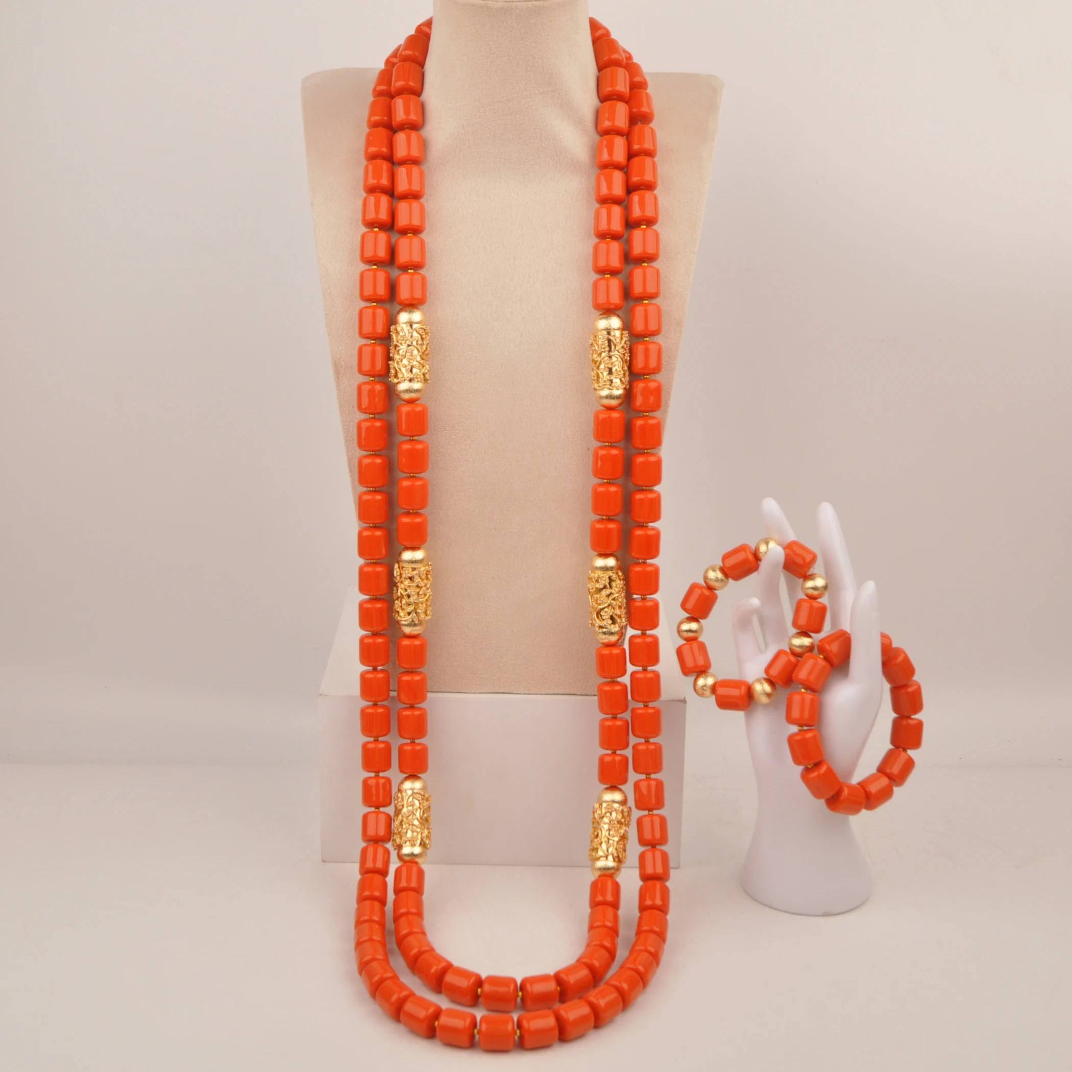 

Orange Artificial Coral Bead Necklace African Jewelry Set for Men