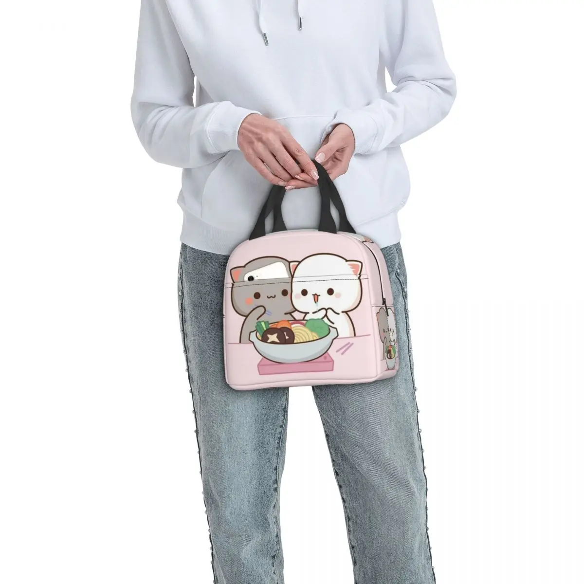 Cartoon Mochi Cat Peach And Goma Lunch Box Women Resuable Leakproof Cooler Thermal Food Insulated Lunch Bag Kids School Children