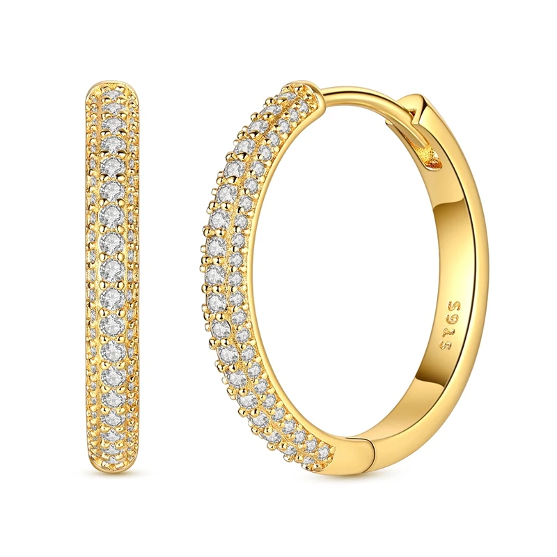 Ohrringe aus 925er-Sterlingsilber für Damen, vergoldet, mit doppeltem Pavé-Besatz aus weißen Zirkonia, große Creolen für Jahrestag, Hochzeit, Schmuck, Geschenk