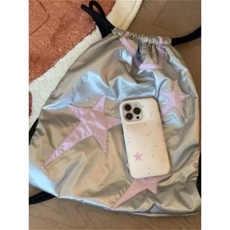 Women Y2K Drawstring Backpacks Korean Fashion Girls Silver Star Backpack Casual Book Bag Student Bags Kids Schoolbag Travel Bag