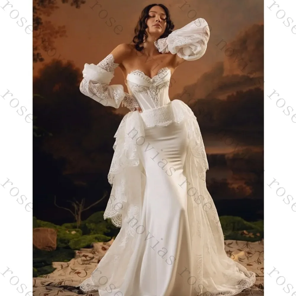 Customized Vintage Lace Puff Sleeve Mermaid Wedding Dress 2026 Detachable Train Satin Corset Bridal Gown Romantic Gothic Style