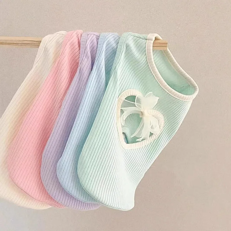 Spring and Summer Dog Ins Hollow Heart Mesh Bow Thin Tank Top Bow Cute Style Tank Top Small Dog Cat Pet Dog Clothes