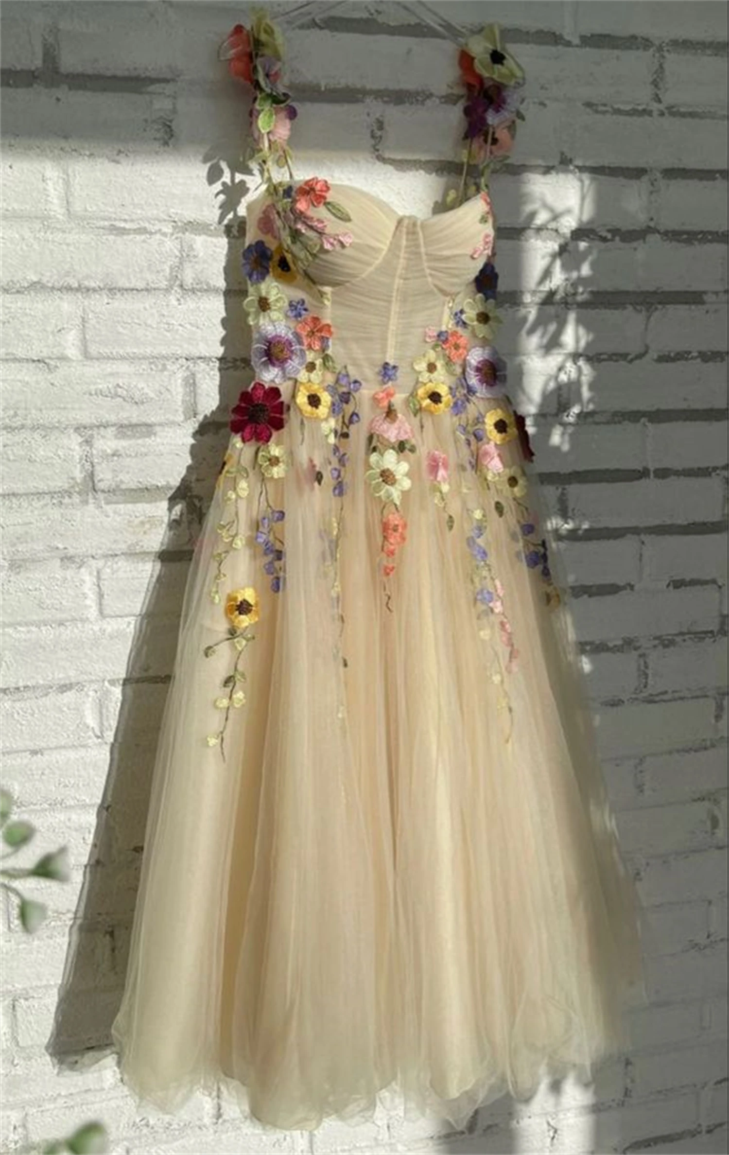 Champagne Prom Dresses Flowers Pastoral Sweetheart Tulle Appliques A-Line Party Tea-Length Evening Gowns Party Dress for Wedding