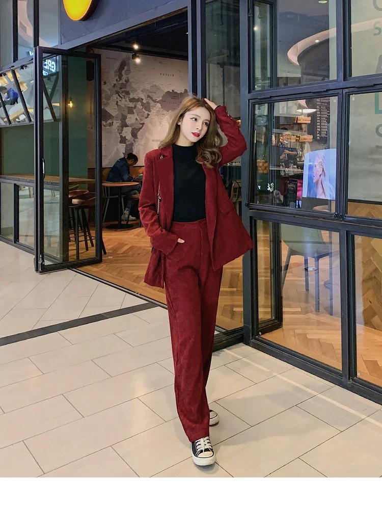 Woman\'s Retro Casual Corduroy Blazer Trousers Suit French Commuter Loose Double-breasted Suit and Wide-leg Pants Two-piece Sets