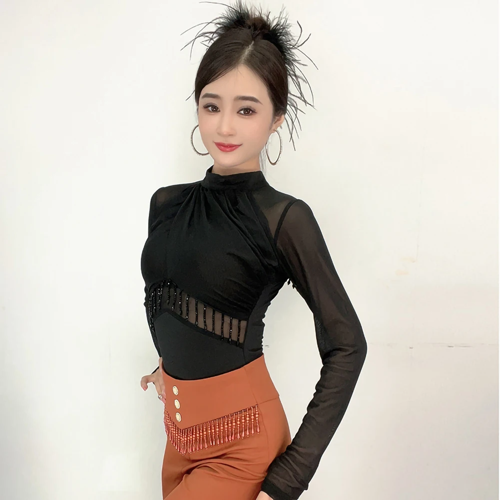 Haut de danse latine pour femmes, manches longues, noir, Samba, rouge, répétition, danse de salle de bal blanche, une pièce, perle, bal de taureau, danse