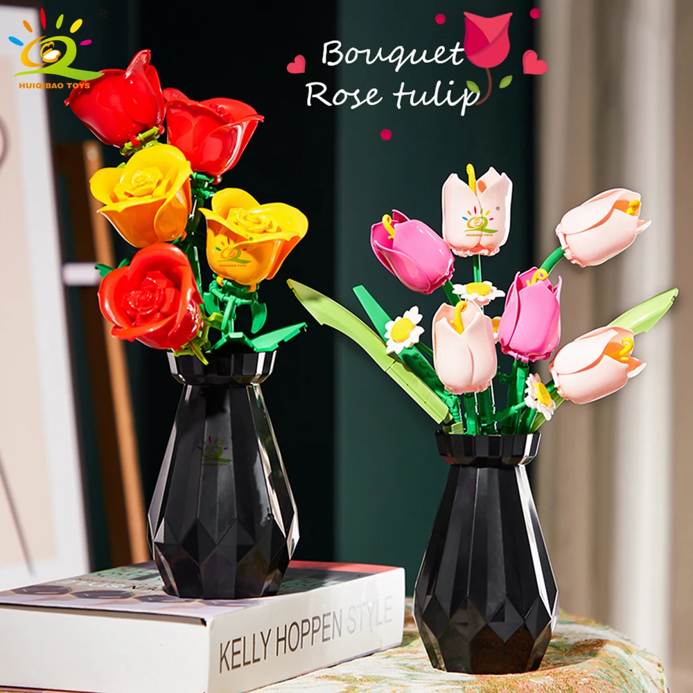 HUIQIBAO Rose MOC Flower Model Building Blocks 3D Bouquet Bricks Children DIY Toys Home Decor Valentine's Day Gift for Girls