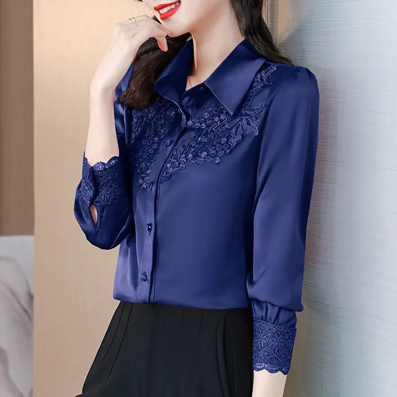 Blusa emendada com bordado de renda, single-breasted, roupa feminina, camisa de comutar vintage, gola virada para baixo, elegante, primavera,