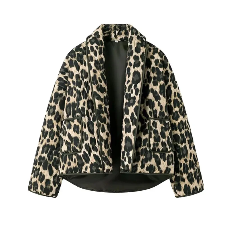 EWQ European Style Fashion Leopard Print Cardigan Cotton Parka Jacket Thin Cotton-padded Coat Top Women Winter 2024 Autumn New