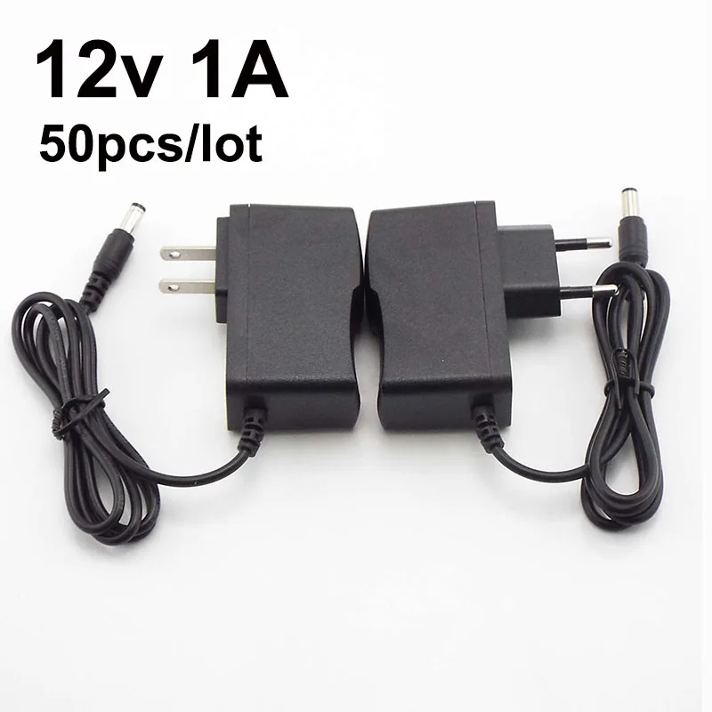 50pcs 12V 1A 1000mA 100V 240V AC to DC Power Adapter Supply Charger wall plug adapter for LED Strip Light CCTV 5.5mm x 2.1mm P1