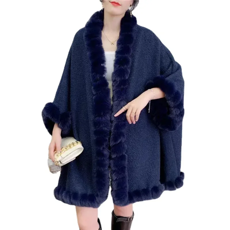 Women Winter Faux Lamb Lining Velvet Loose Sleeves String Fur Neck Poncho Big Pendulum Capes Oversize Cloak Long Thicken Topcoat