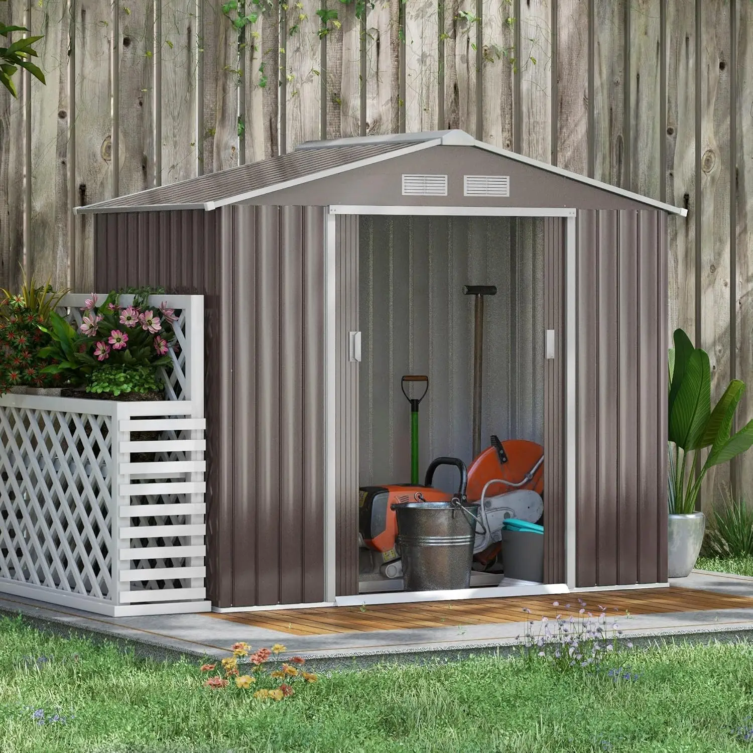 

Outsunny 7' x 4' Outdoor Storage Shed, Garden Tool House with Foundation Kit,4 Vents and 2 Easy Sliding Doors for Backyard,Patio