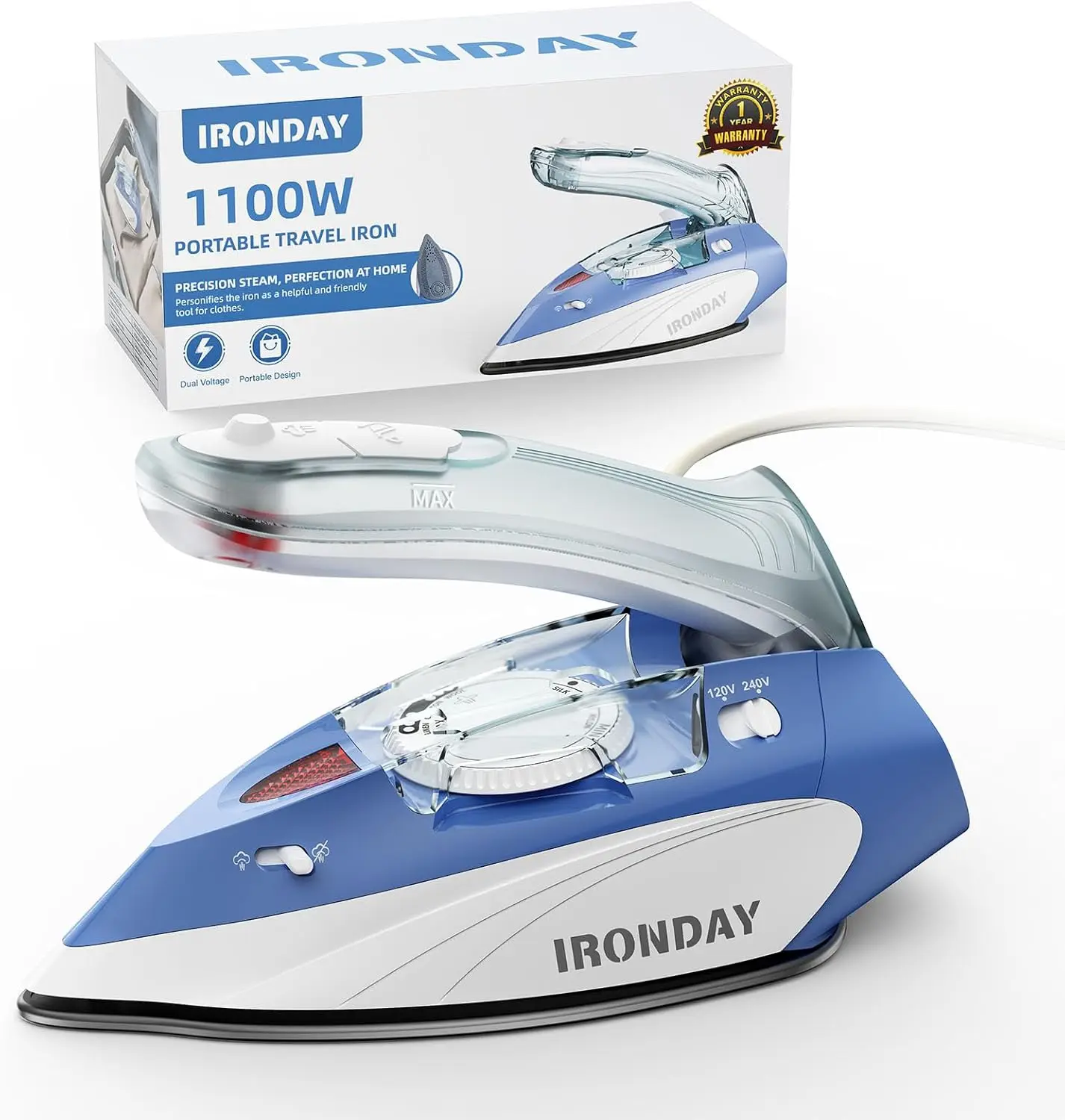 

Mini Travel Iron with Steam, Dual Voltage, 2.7oz Tank, Temp Control, Non-Stick Soleplate, Folding Handle, Portable for Sewing &