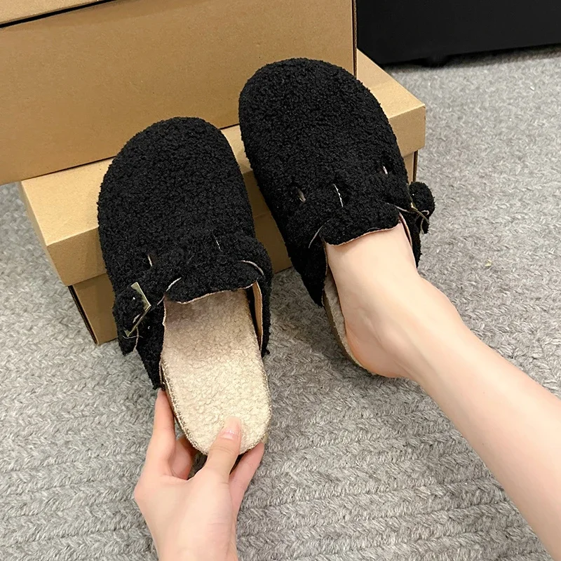 Soft Footbed Teddy Fur Mule Clogs for Woman Winter Warm Plush Slide Sandals Ladies Brand Design Fluffy Birken Shoes