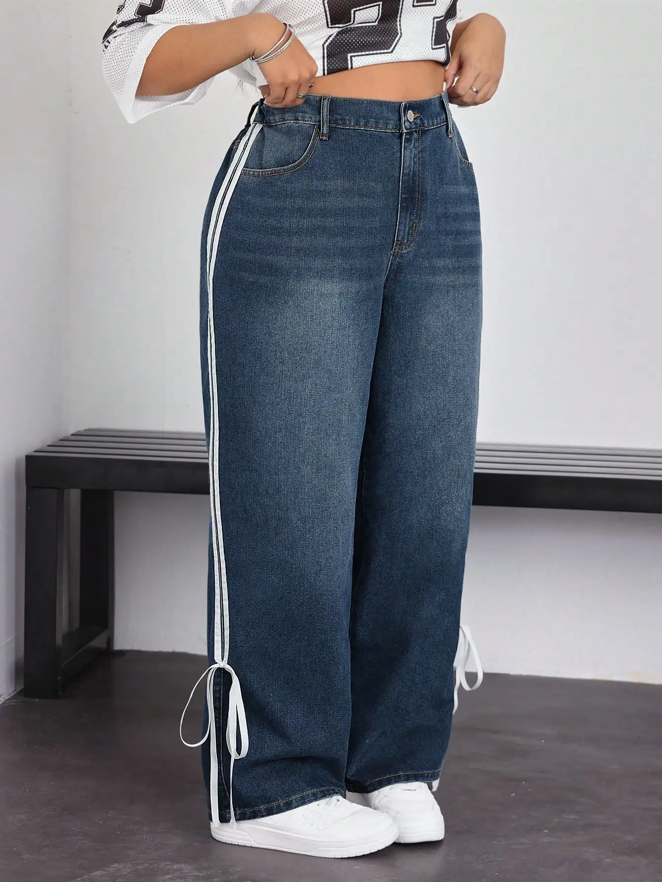 

Women's High Waist Wide Leg Denim Jeans with Side Stripe and Drawstring Detail