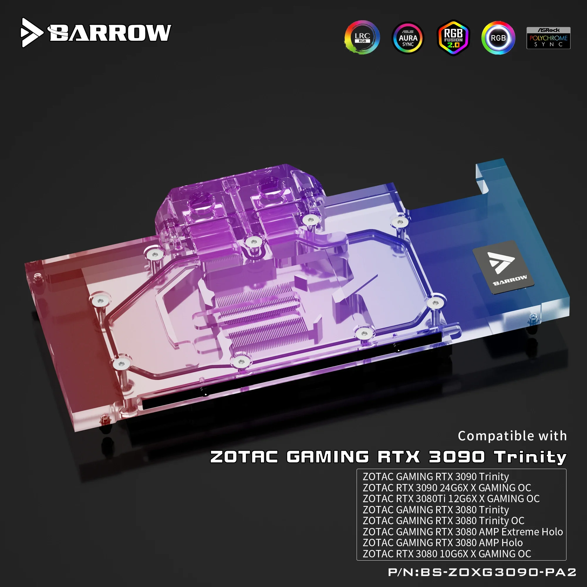 Imagem -04 - Barrow Gpu Water Block para Jogos Zotac Argb 5v Placa-mãe 3pin Aura Sync Bs-zoxg3090-pa2 Rtx 3090 3080 ti