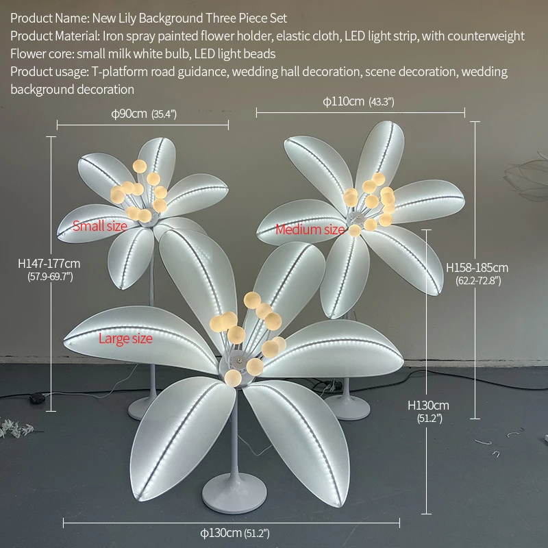 April-モダンな白いLEDウェディングランプ、パーティーステージ、小さな新鮮な花、背景の装飾、鉛