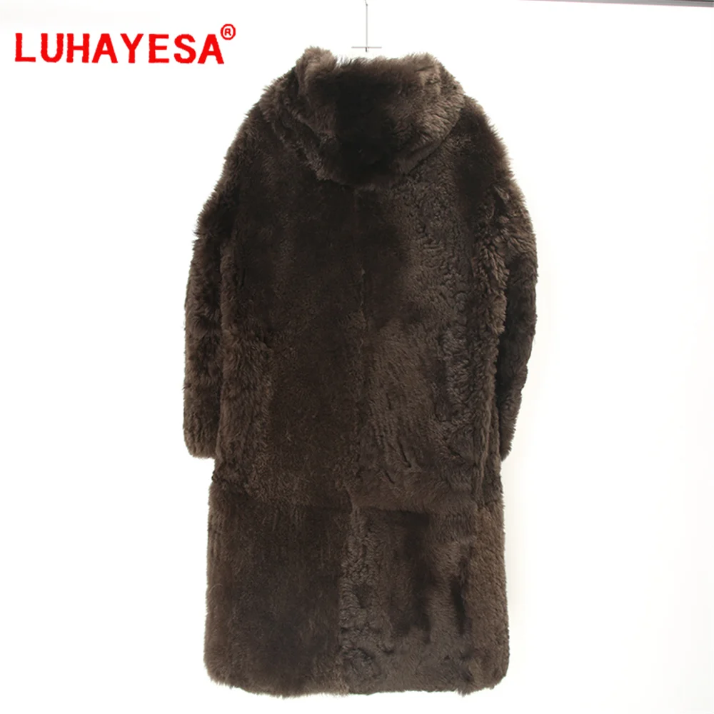 Luhayesa Mosna-Pardessus en peau de mouton extra long pour femme, vêtements en peau de mouton véritable, nouveau, 2024