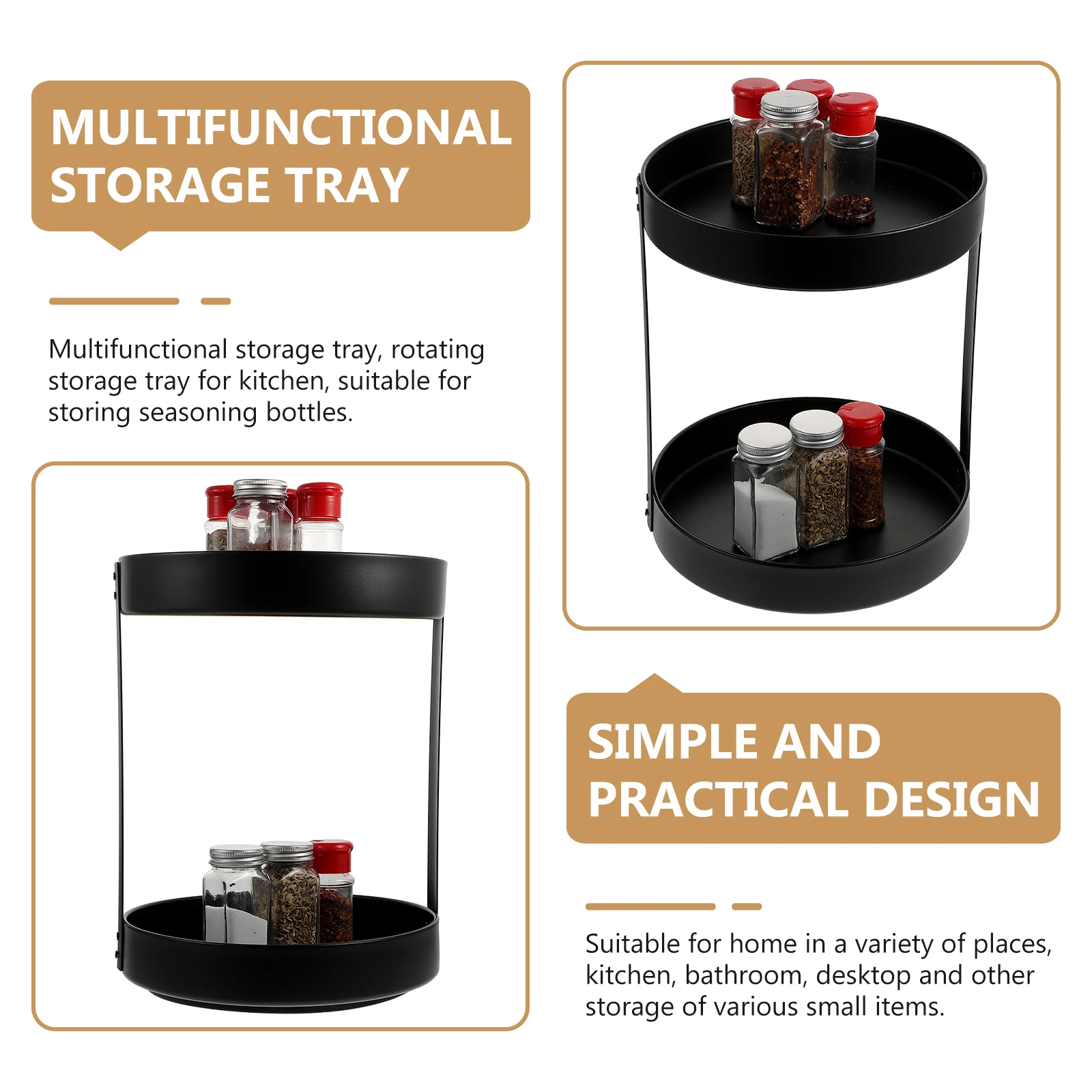 

Black 26cm Steel Rotating Spice Kitchen Storage Tray Rack Tray Double Layer Kitchen Storage Condiment Bottle Holder