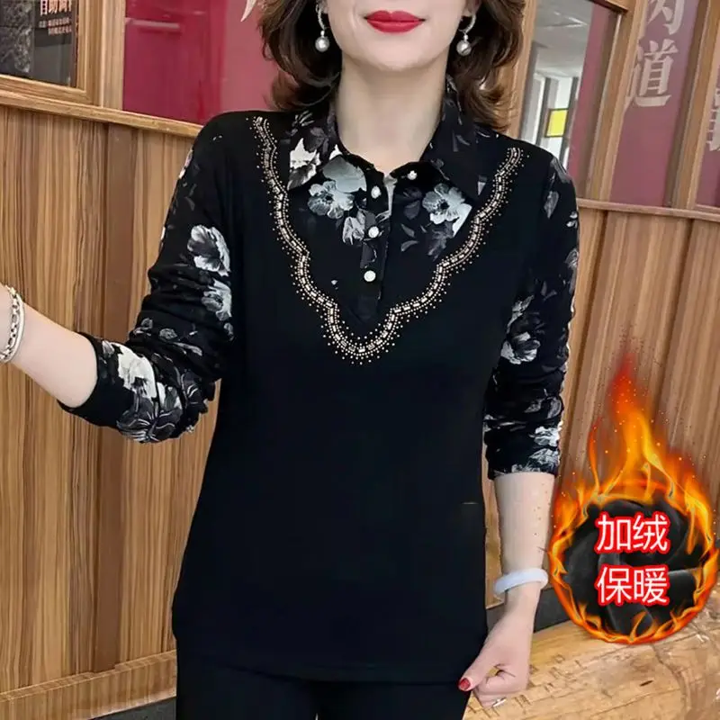 2023 New Winter Women Stylish Floral Print Patchwork Fleece Warm Blouses Ladies Rhinestone Long Sleeve Shirts Casual Loose Tops