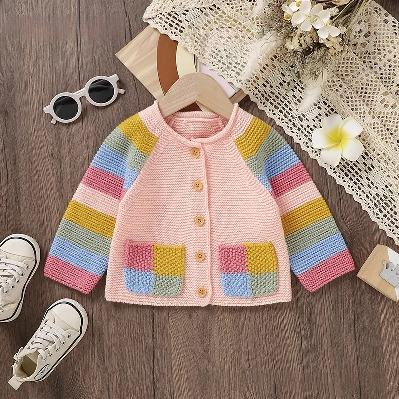 

Toddler Girl Rainbow Stripe Knit Cardigan 0-3Y Baby Girls Colorful Striped Long Sleeve Button Up Sweater Cute Casual Autumn Wear