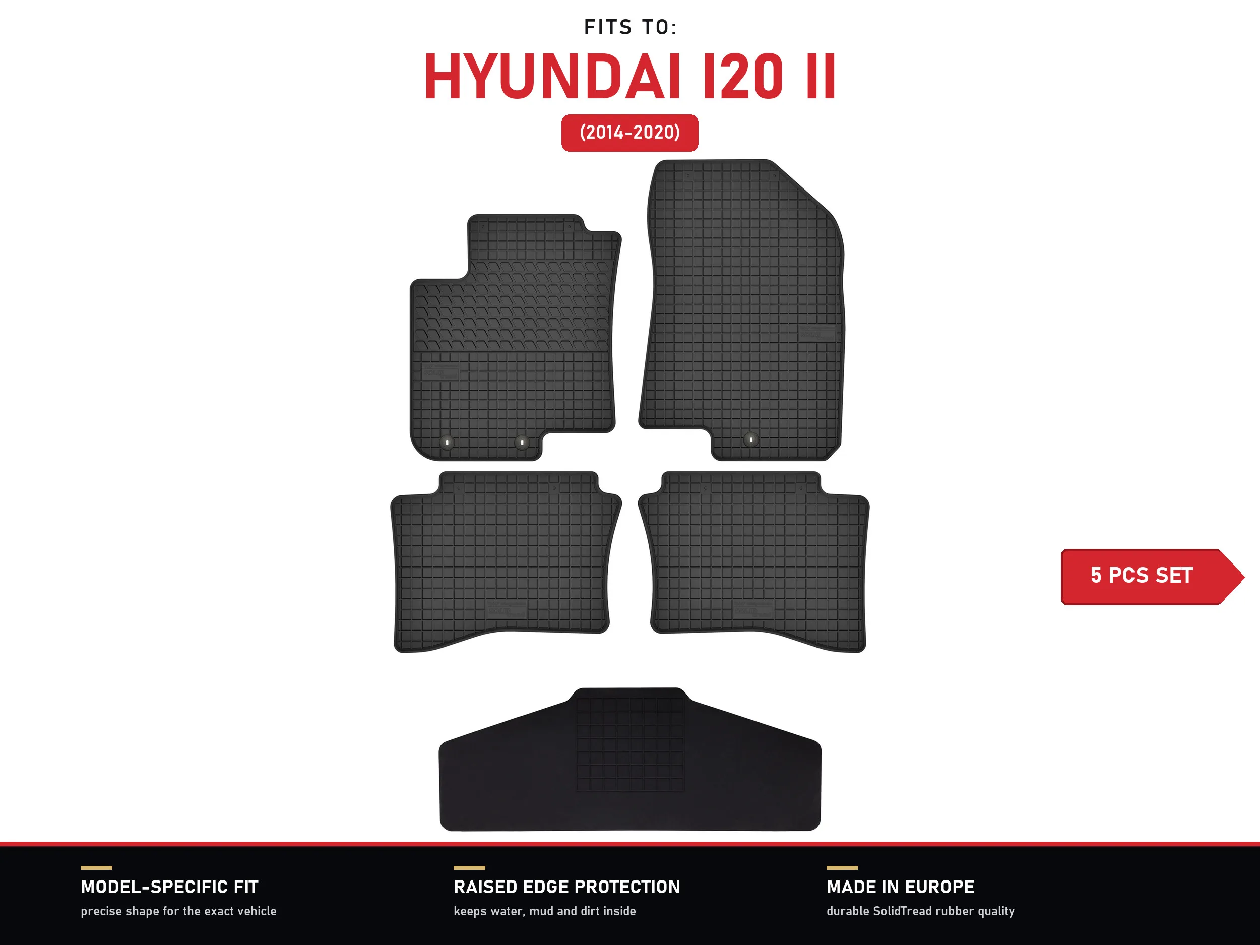 Rubberen vloermatten met tunnel voor: Hyundai i20 II 2014-2020 5 stuks