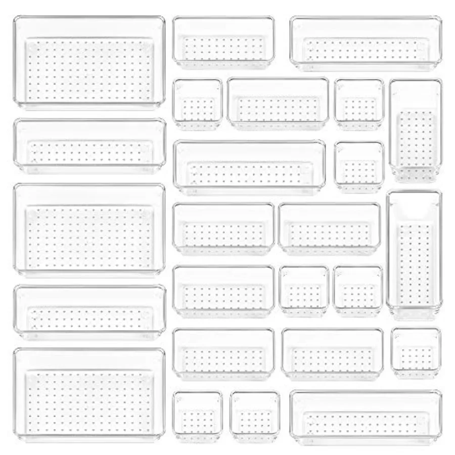 

25 PCS Clear Plastic Drawer Organizers Set, 4-Size Versatile Bathroom and Vanity Drawer Organizer Trays, Storage Bins for Makeu