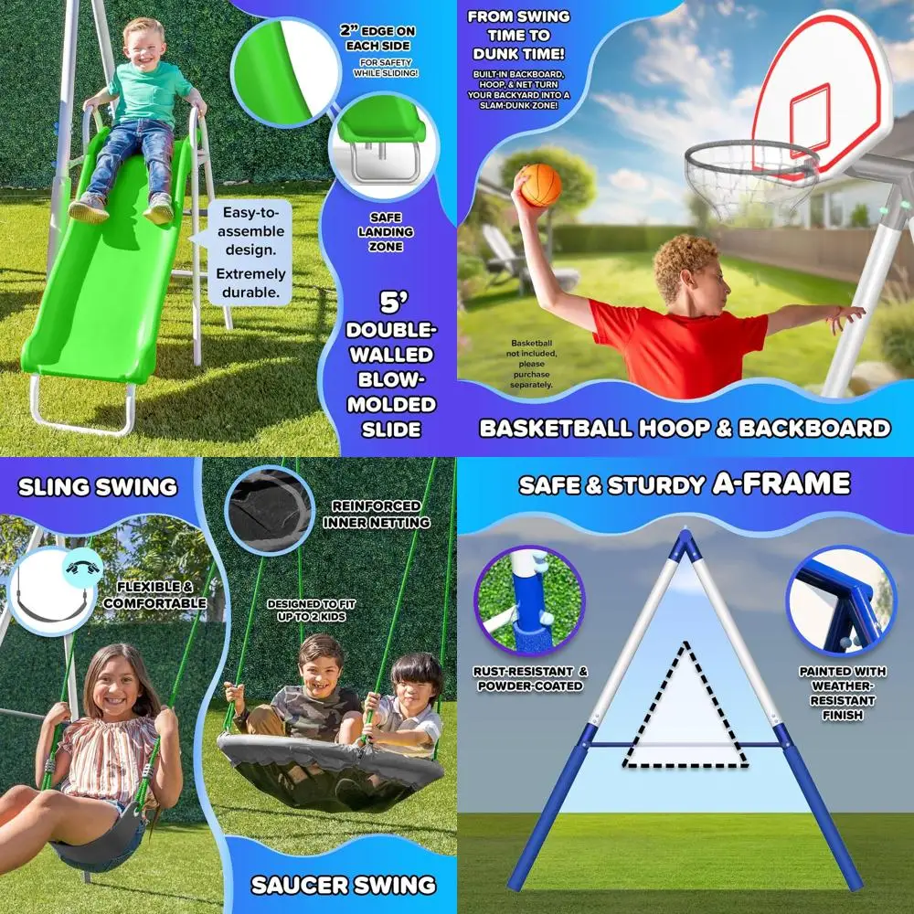 

Уличный игровой комплекс с баскетбольным кольцом, качелями, горкой и комплектом для крепления - белый/серебристый