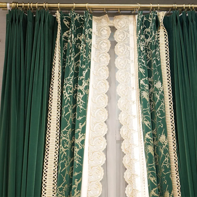 Shading Silk Flannelette High-grade American Retro Dark Green Stitching Embroidery Curtains for Living Dining Room Bedroom