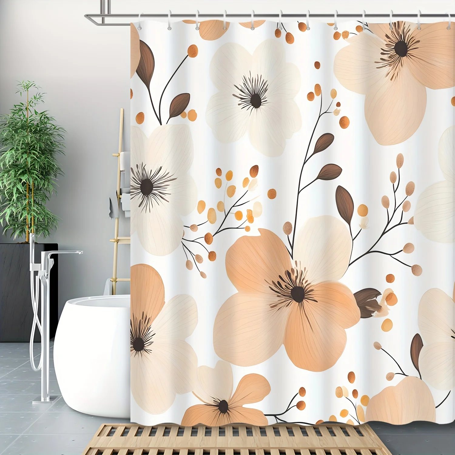 

1pc Vintage watercolor orange blossom patterned shower curtain, machine washable, with hooks, suitable for bathroom décor.